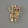 Brooch-Pendant Cat Pink Cat's Eye, green crystals, pink and white rhinestones, golden metal 28x43mm
