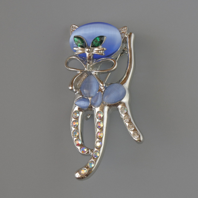 Brooch Pendant Cat with Blue Cat's Eye, green crystals, pink and white rhinestones, silver metal 25x55mm