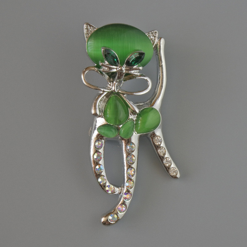 Brooch Pendant Cat green Cat's Eye, green crystals, pink and white rhinestones, silver metal 25x55mm