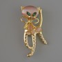 Brooch pendant Cat pink Cat eye, green crystals, pink and white rhinestones, gold-tone metal 25x55mm