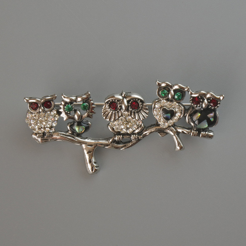 Brooch Owl with colorful rhinestones, black enamel and Halotite, silver metal 52x26mm