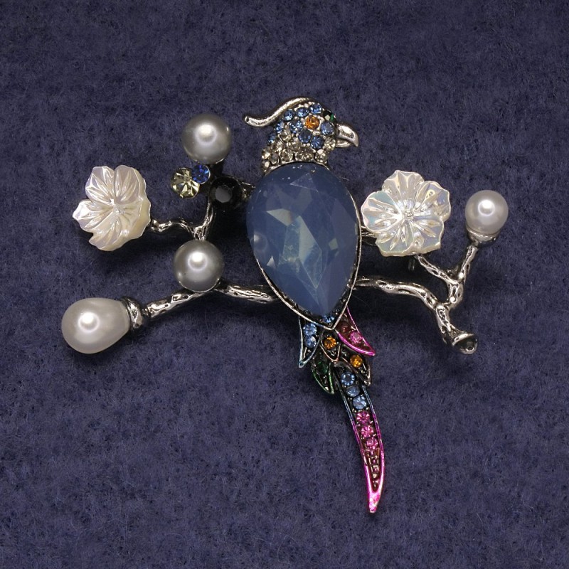 Brooch Pendant Parrot Blue Crystal, Colored Rhinestones and Beads, Silver Metal 50x48mm