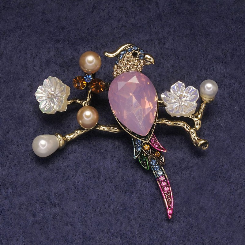 Brooch Pendant Parrot pink crystal, colored rhinestones and beads, golden metal 50x48mm