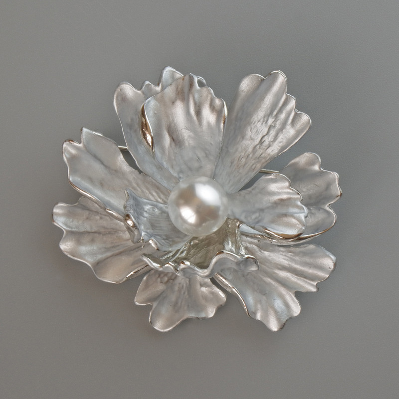 Brooch Pendant Flower Gray Matte Enamel and White Bead, Silver Metal 46x43mm