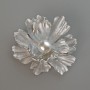 Brooch Pendant Flower Gray Matte Enamel and White Bead, Silver Metal 46x43mm