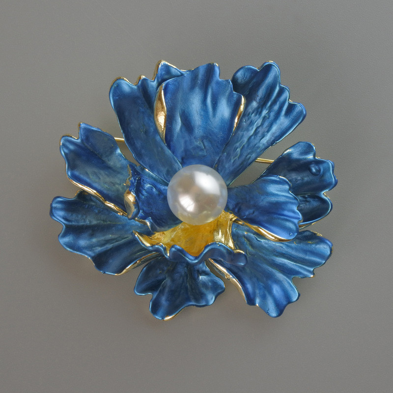 Brooch Pendant Flower Blue Matte Enamel and White Bead, Golden Metal 46x43mm