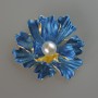 Brooch Pendant Flower Blue Matte Enamel and White Bead, Golden Metal 46x43mm