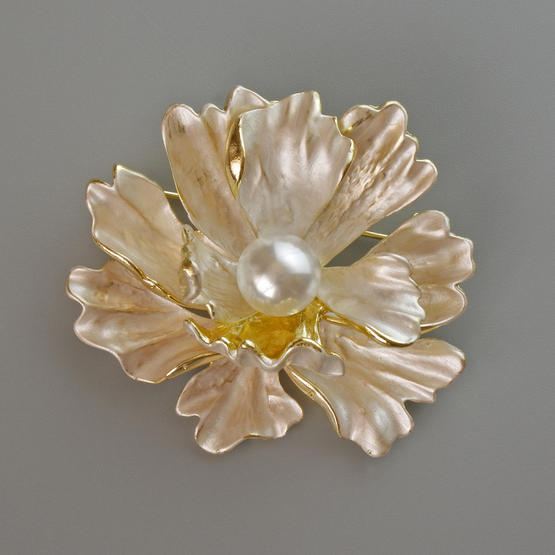 Brooch Pendant Flower White Matte Enamel and White Bead, Gold-tone Metal 46x43mm