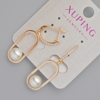 Earrings Xuping with White Rhinestones and Mallorca Pearl Bead, diameter 24×11 mm±, length 40 mm±, 18K Gold Plating