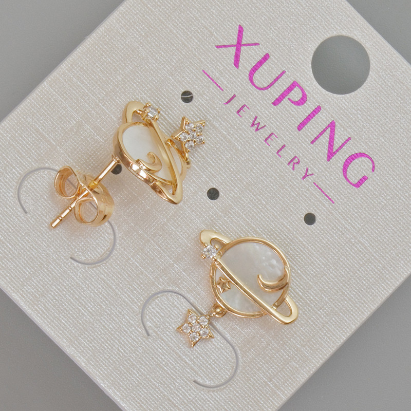 Xuping Saturn Stud Earrings with White Pearl and Rhinestones, 15.5x15mm±, 18K Gold-Pl plated