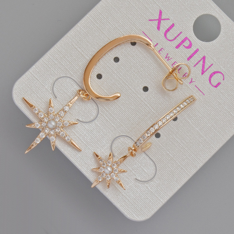 Xuping Star Stud Earrings with White Bead and Crystals, 19mm Ø, 12mm +-, length 42mm, 35mm+-, 18K Gold Plated