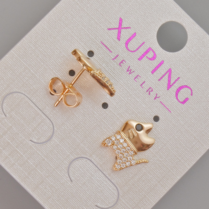Xuping Stud Earrings "Kitten" with White Crystals, 12×10 mm diameter ± 18K Gold Plating