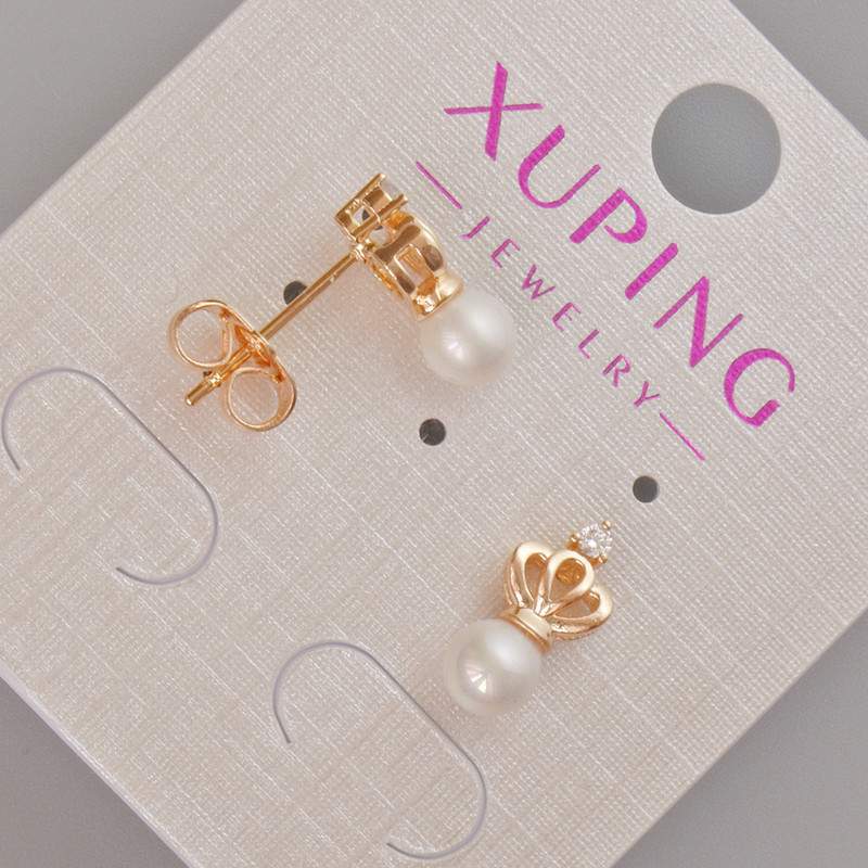 Xuping Crown Stud Earrings with White Pearl Bead and Cubic Zirconia, 12×6 mm, 18K Gold Plated