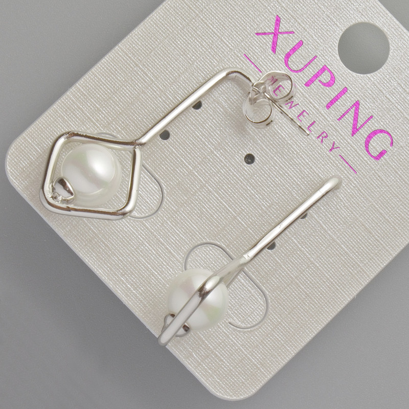 Xuping Stud Earrings with White Bead, Diameter 32×15.5 mm, 5 mm± Rhodium