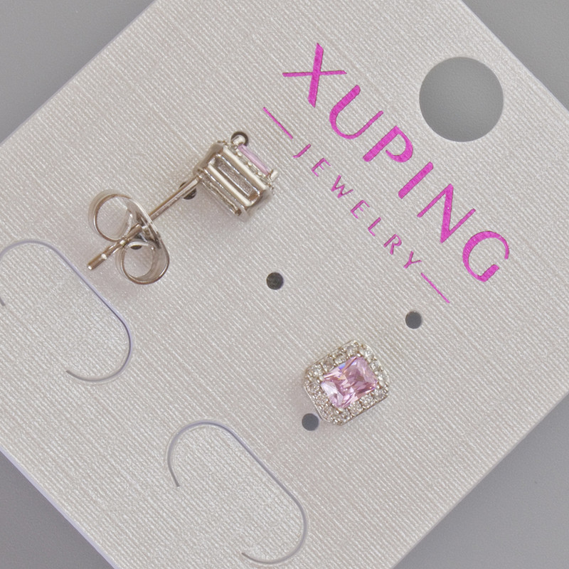 Xuping Stud Earrings with Pink Crystal and White Rhinestones, 6.5 x 5.5 mm ± 5 mm, Rhodium-plated