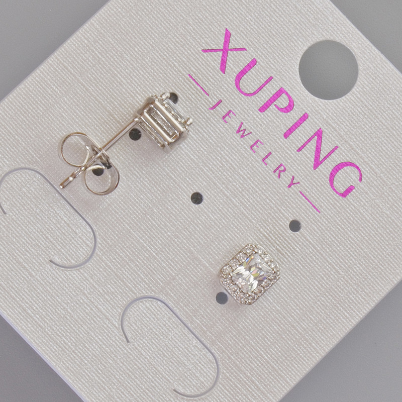 Xuping Stud Earrings with White Crystal and Rhinestones, 5x5.5mm ± Rhodium-plated