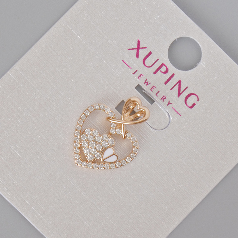 Xuping Pendant "Heart" with White Rhinestones and White Enamel, 18x14 mm ± 18K Gold Plating