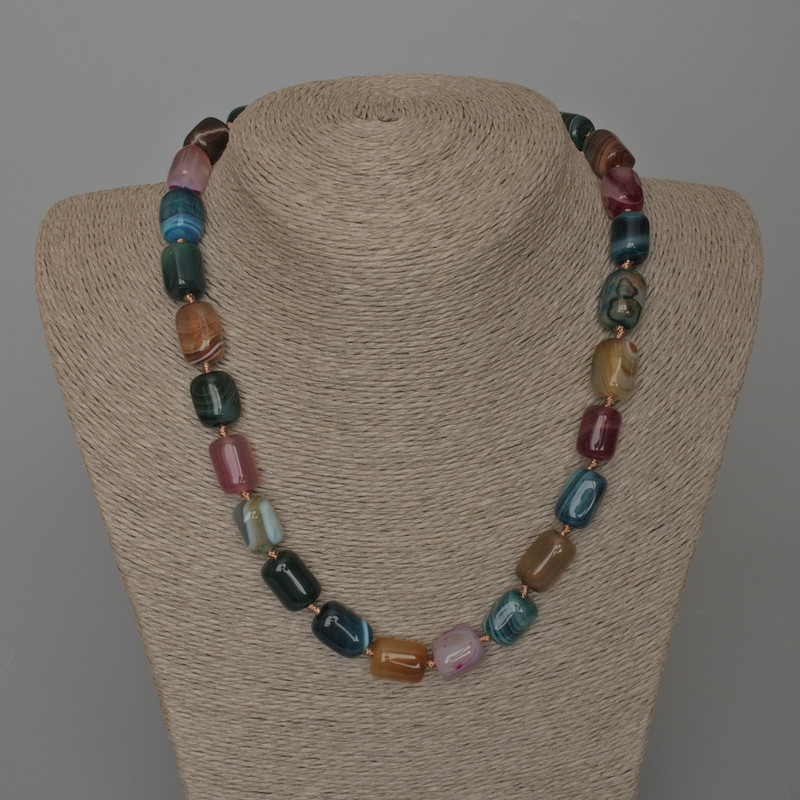 Necklace of Multicolor Agate Natural Stone Brick Beads, 11×15 mm, approx. 49 in long