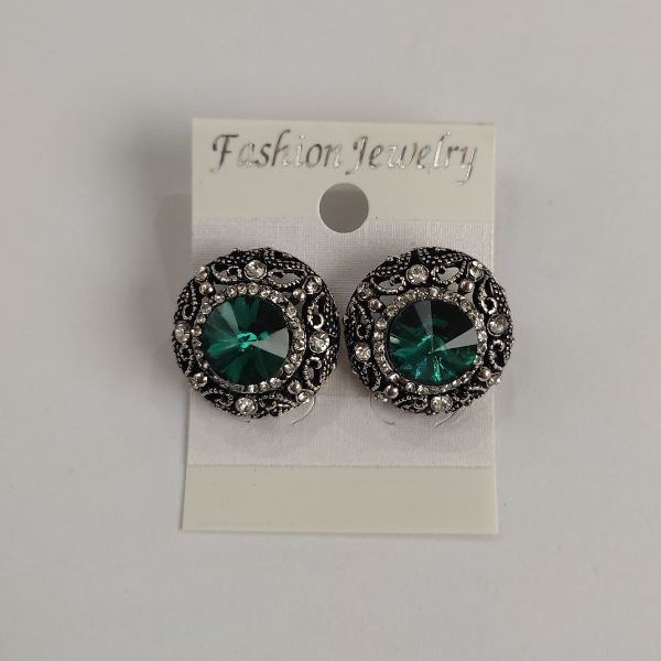 Stud earrings with circular green crystals, ornate setting with rhinestones, diameter 20mm
