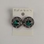 Stud earrings with circular green crystals, ornate setting with rhinestones, diameter 20mm