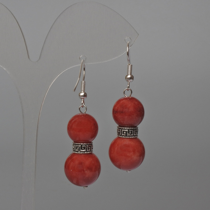 Earrings Red Jasper (per piece), diameter 12mm, 14mm± smooth bead, length 49mm± with metal inlay