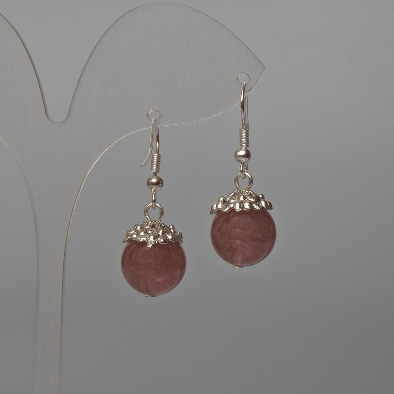 Strawberry Quartz Natural Stone Smooth Ball Earrings, diameter 12.5 mm±, length 35 mm±