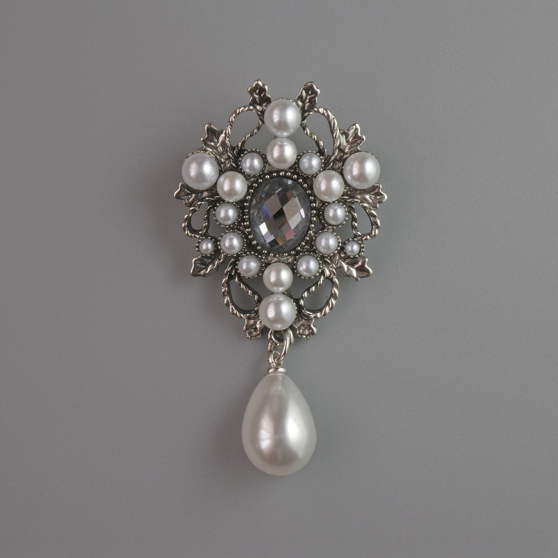 Brooch Accent with White Beads, Gray Crystal, Silver Metal 51x28mm