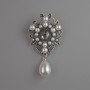 Brooch Accent with White Beads, Gray Crystal, Silver Metal 51x28mm