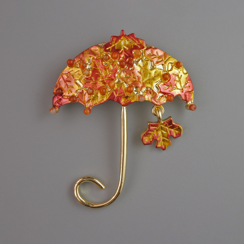 Brooch "Parasol" orange and yellow enamel, beads, gold-tone metal 62x50mm