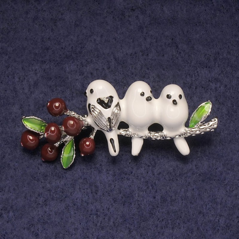 Brooch Birds on a Branch white with brown enamel, silver-colored metal 21x55mm