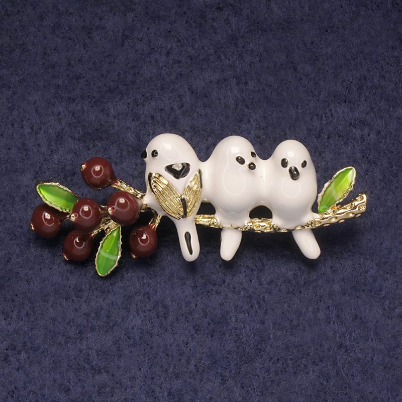 Birds on a Branch Brooch - white with brown enamel, gold-toned metal 21x55mm