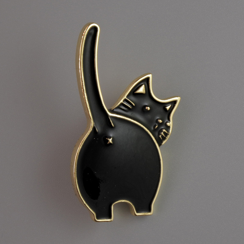 Brooch Cat Black Enamel, Gold-tone Metal 37x20mm