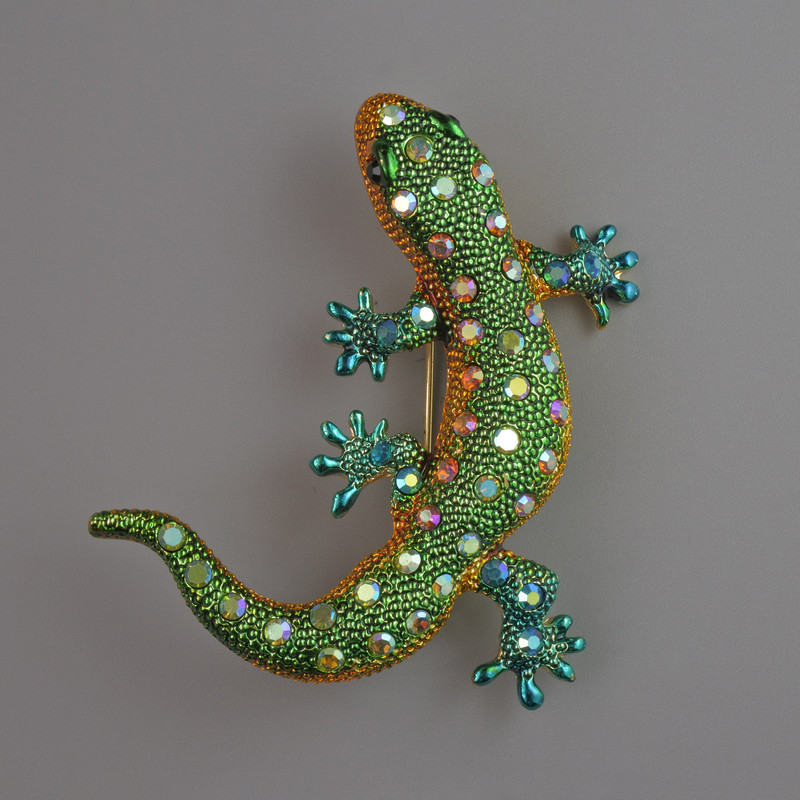 Brooch Pendant Lizard with green enamel and rhinestones, pink and green crystals, gold-tone metal 54x46mm