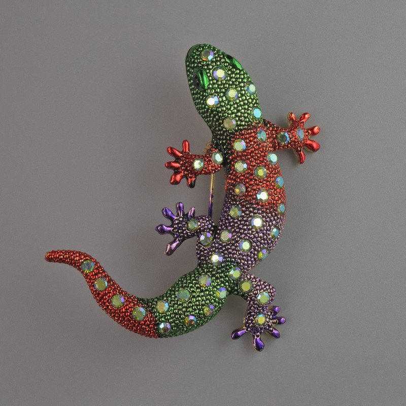 Lizard Brooch Pendant with Enamel and Blue Rhinestones, Golden Metal 54x46mm