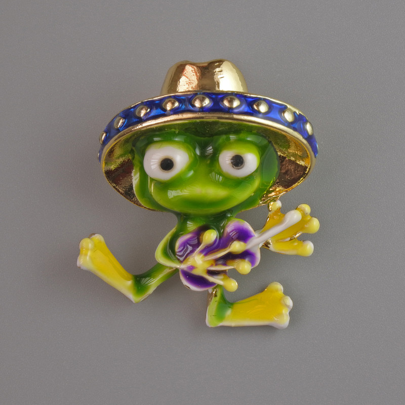 Brooch pendant Frog with green enamel and purple enamel, golden metal 30x27mm