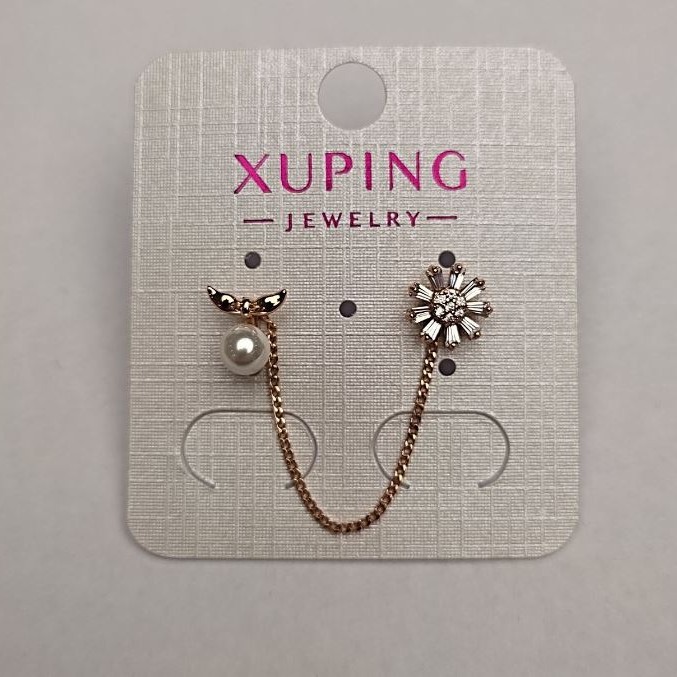 Xuping Stud Earrings with 18K Gold Plating, White Crystals and Bead, 8mm diameter, approx. 6cm length
