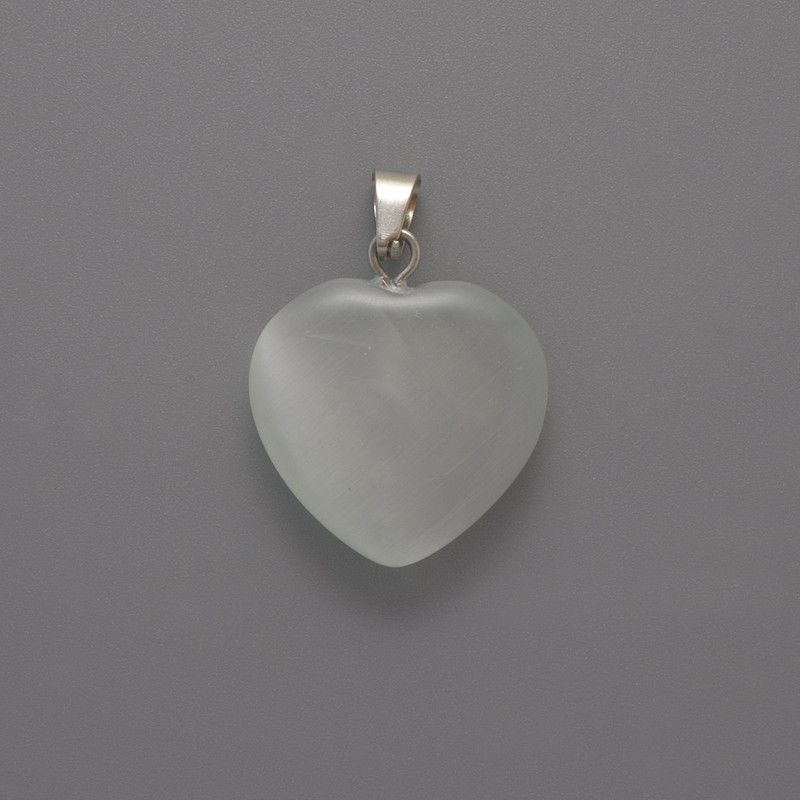 Pendant Heart White Cat's Eye, diameter 20x20x5mm±, pendant length 26mm±