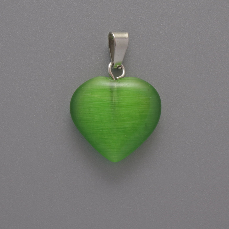 Heart Pendant Cat's Eye Green, 15×16×5 mm +/-, length 23 mm +/-