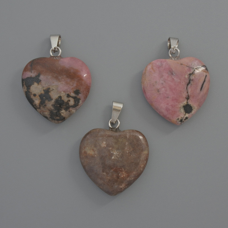 Pendant Heart Rhodonite, diameter 20x20x6mm±, length 28mm±