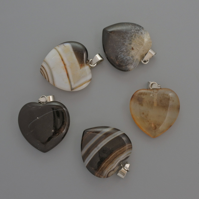 Pendant Heart Agate black, diameter 20x20x6mm+-, length 28mm+-