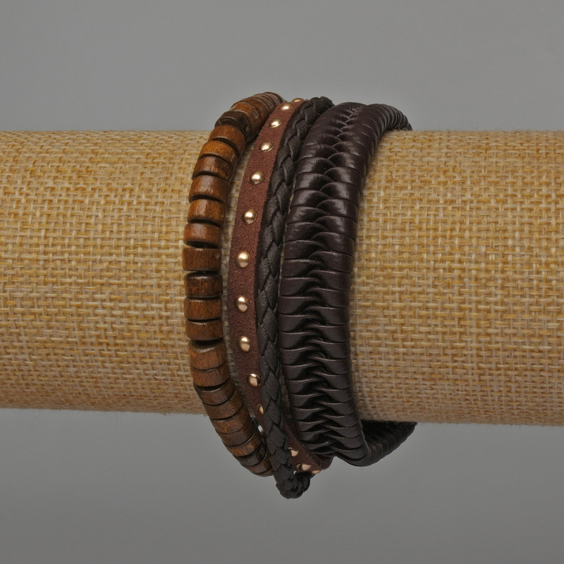 Men's Bracelet Set of 3, Eco-leather, Brown Color (adjustable and stretch)