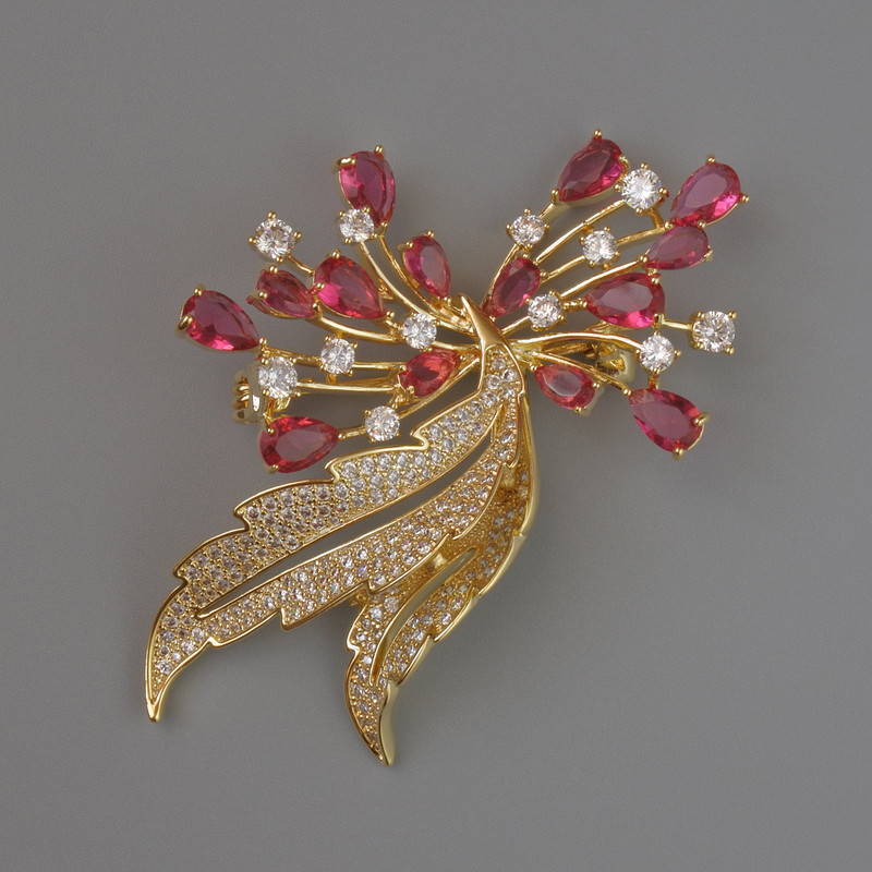 Brooch Accent with red and white crystals, white rhinestones 52x38mm, gold-tone metal
