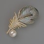 Brooch Feather Chalcedony, white bead and rhinestones 51x25mm, golden metal