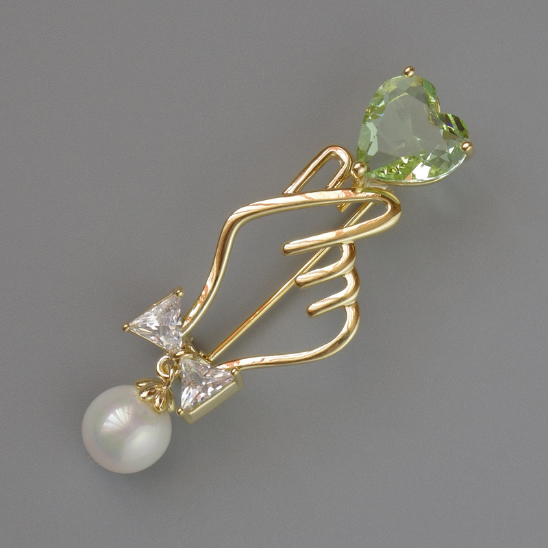 Brooch Symbol of Love Green and White Crystal, White Bead 45×16mm, Gold-Toned Metal