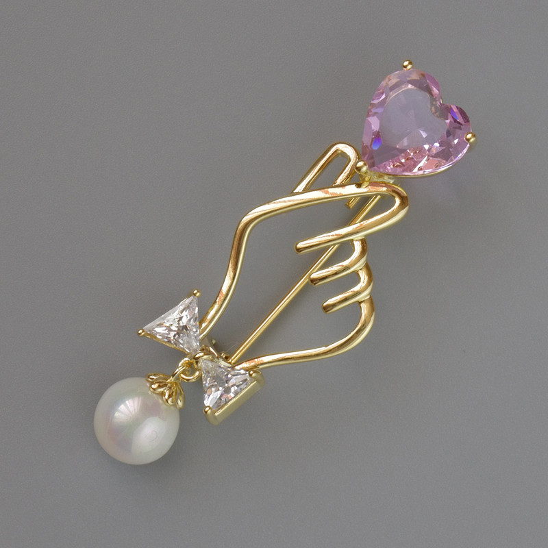 Brooch Symbol of Love pink and white crystal, white bead 45x16mm, golden metal