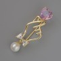 Brooch Symbol of Love pink and white crystal, white bead 45x16mm, golden metal