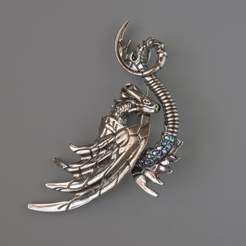 Brooch Pendant Dragon with blue rhinestones 80x41mm silver metal