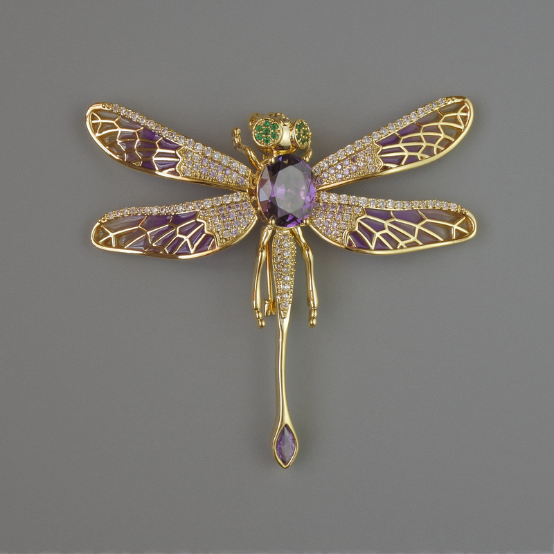 Brooch Butterfly with Purple Crystal, white and green rhinestones 52x52mm gold-tone metal