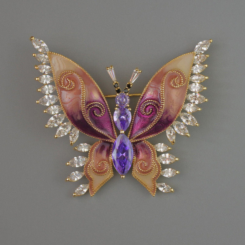 Brooch Butterfly with violet and white crystals, beige and raspberry enamel 45x52mm gold-tone metal