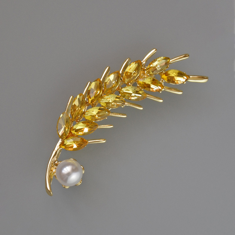 Brooch Ear of Wheat with Yellow Crystal and White Bead 57x15mm Gold-Tone Metal